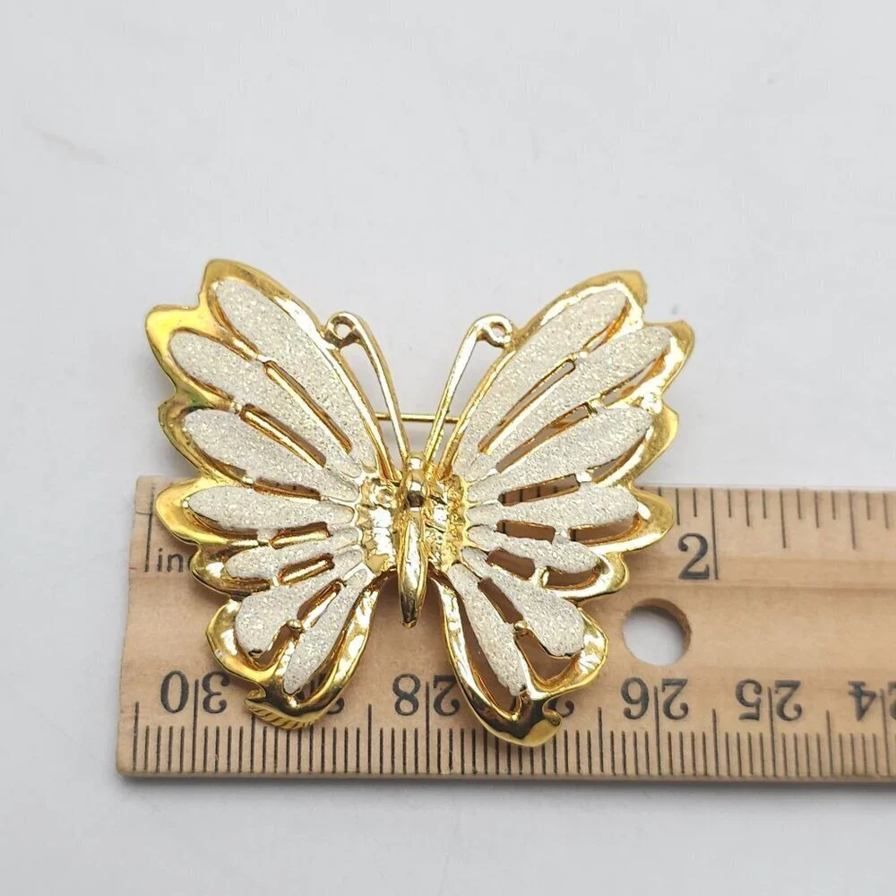 AAI White Sparkle Enamel Butterfly Brooch Pin Gold Tone Iridescent Vintage